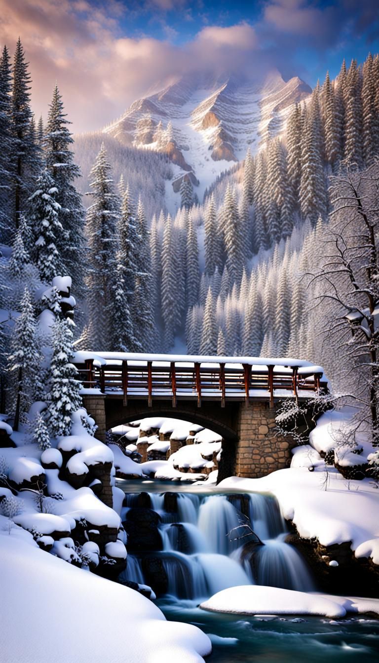 Winter Mountain Scene with River and Bridge