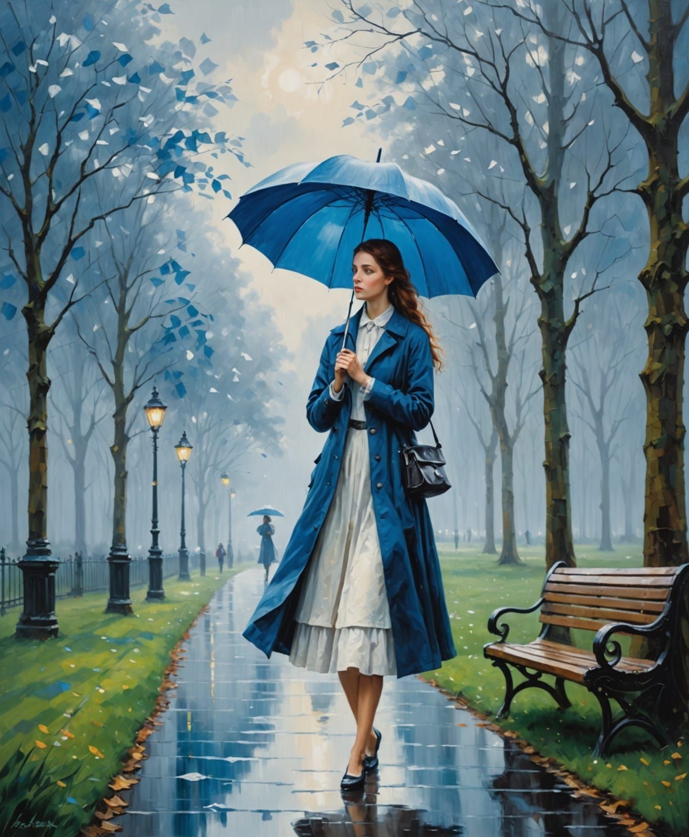 Ethereal Woman in Rainy Park: Oil Painting