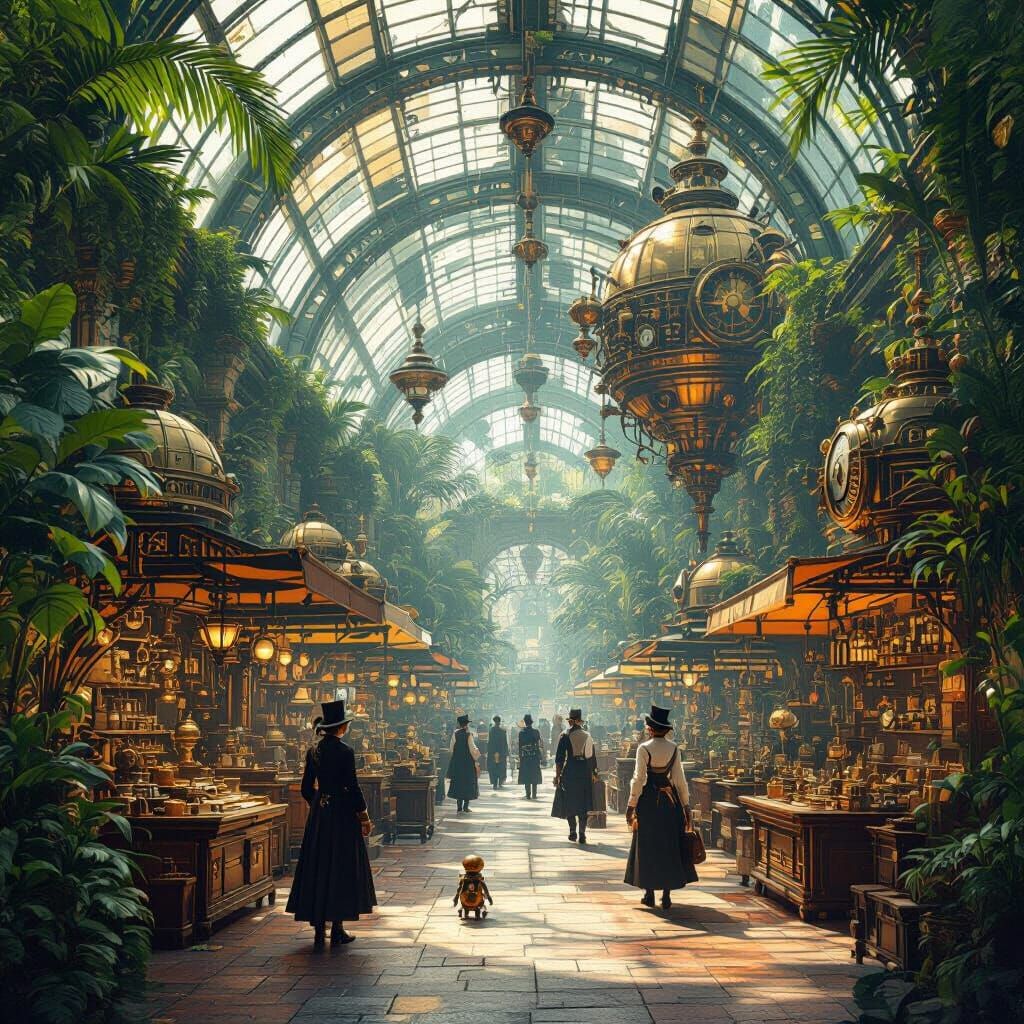 Steampunk Marketplace in Overgrown Greenhouse
