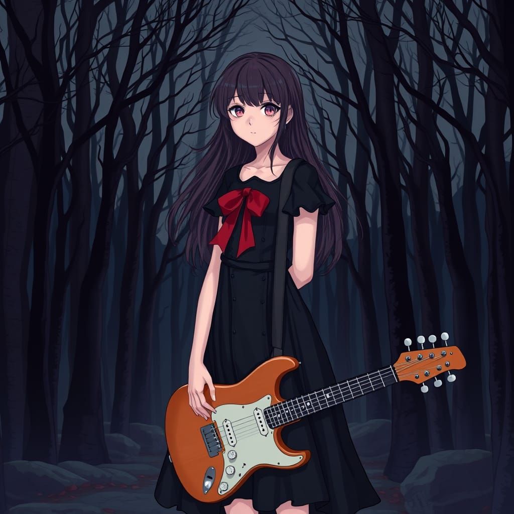 Eerie Forest Scene with Anime-Style Guitarist