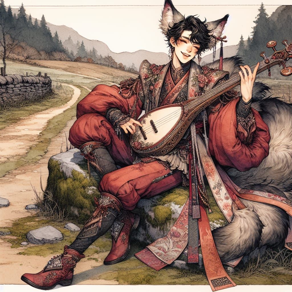 Kitsune Man Playing Instrument in Anime Style