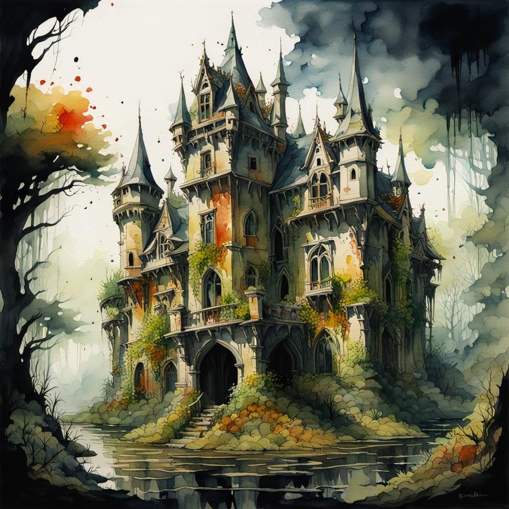 Creepy Abandoned Castle in Watercolor Gothic Style