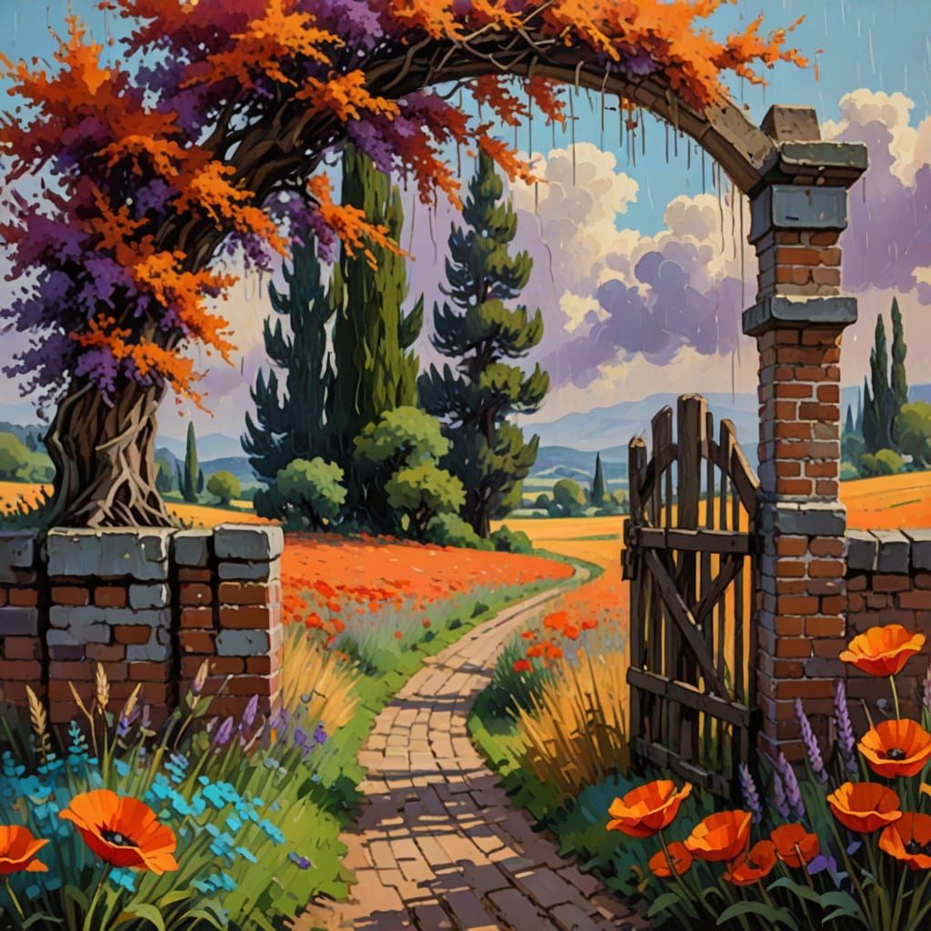 Landscape Oil Painting with Cypress Tree in Impressionist St...