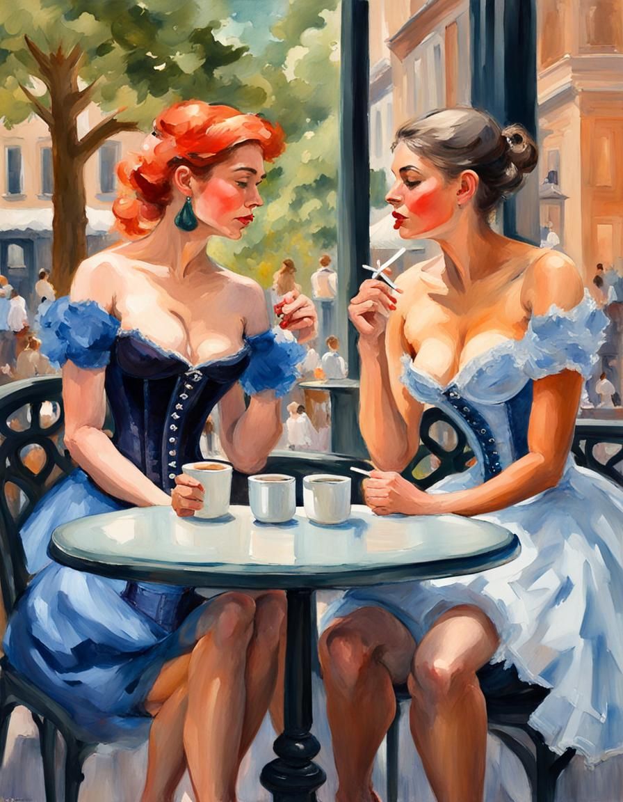 Women on a Date in Gouache Watercolor Style