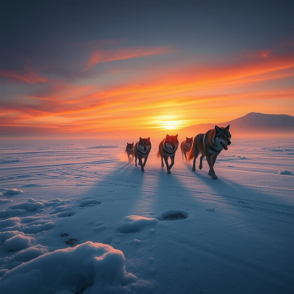 Epic Wolves Crossing Frozen Tundra at Sunset in Cinematic HD...