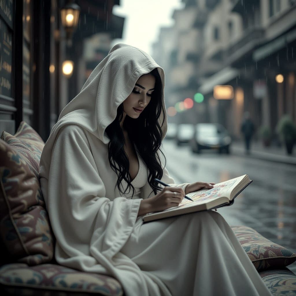 Mysterious Egyptian Woman Overlooking Rainy Street