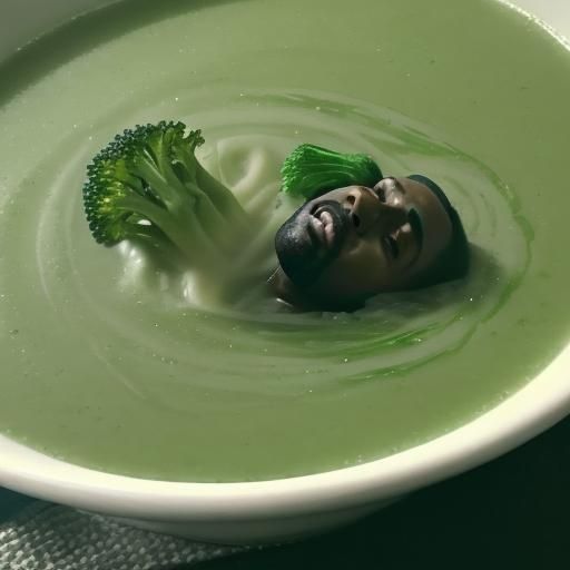 Man Drowning in Broccoli Soup: A Surreal Scene
