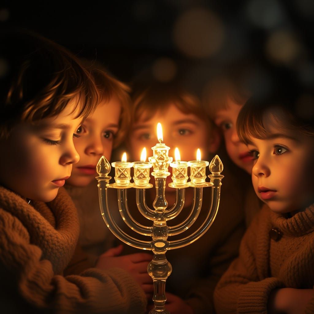 Children Gaze at Glowing Glass Menorah in Intimate, Dreamy S...