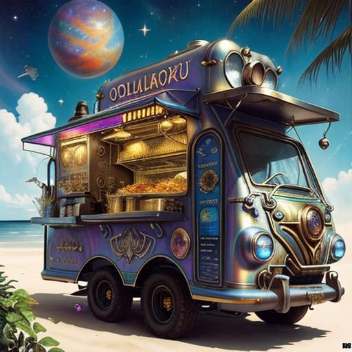 Cosmic Futuristic Food Truck on Alien Beach