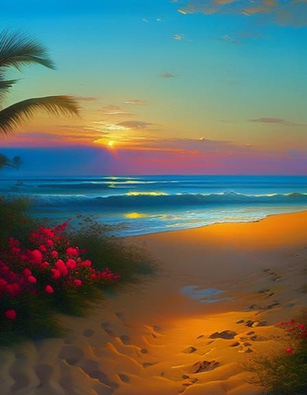 Tropical Beach Sunset with Roses, Oil Painting
