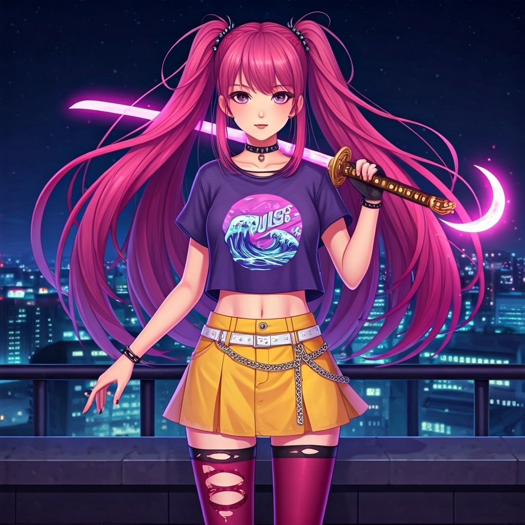 Anime Girl with Moon Sword on Rooftop at Night