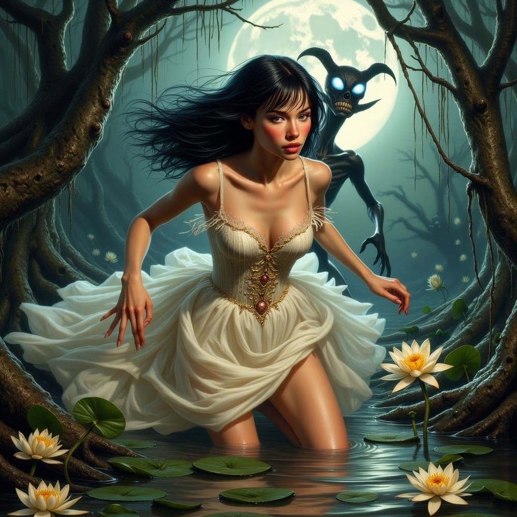 Woman in Tattered Gown Running Through Swamp