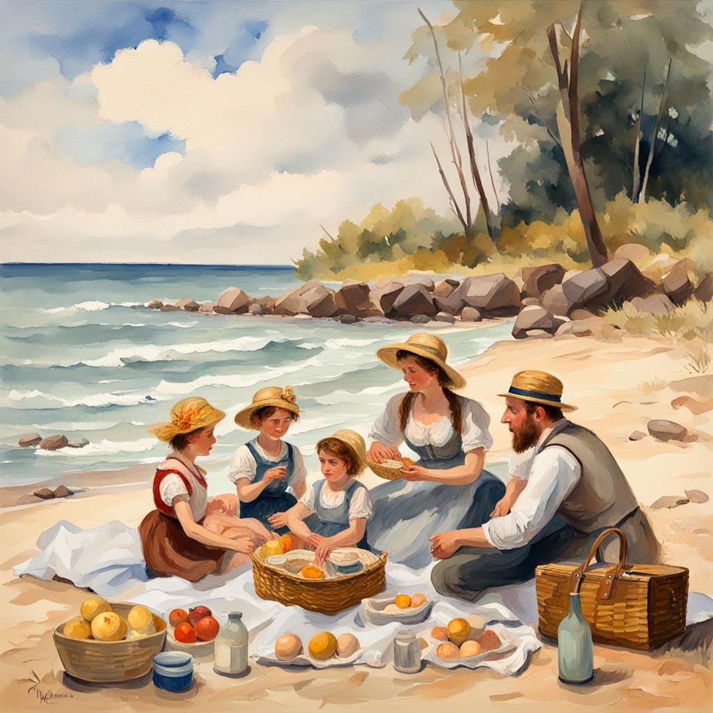 Beach Picnic in 1800s as Gouache Impressionist Painting