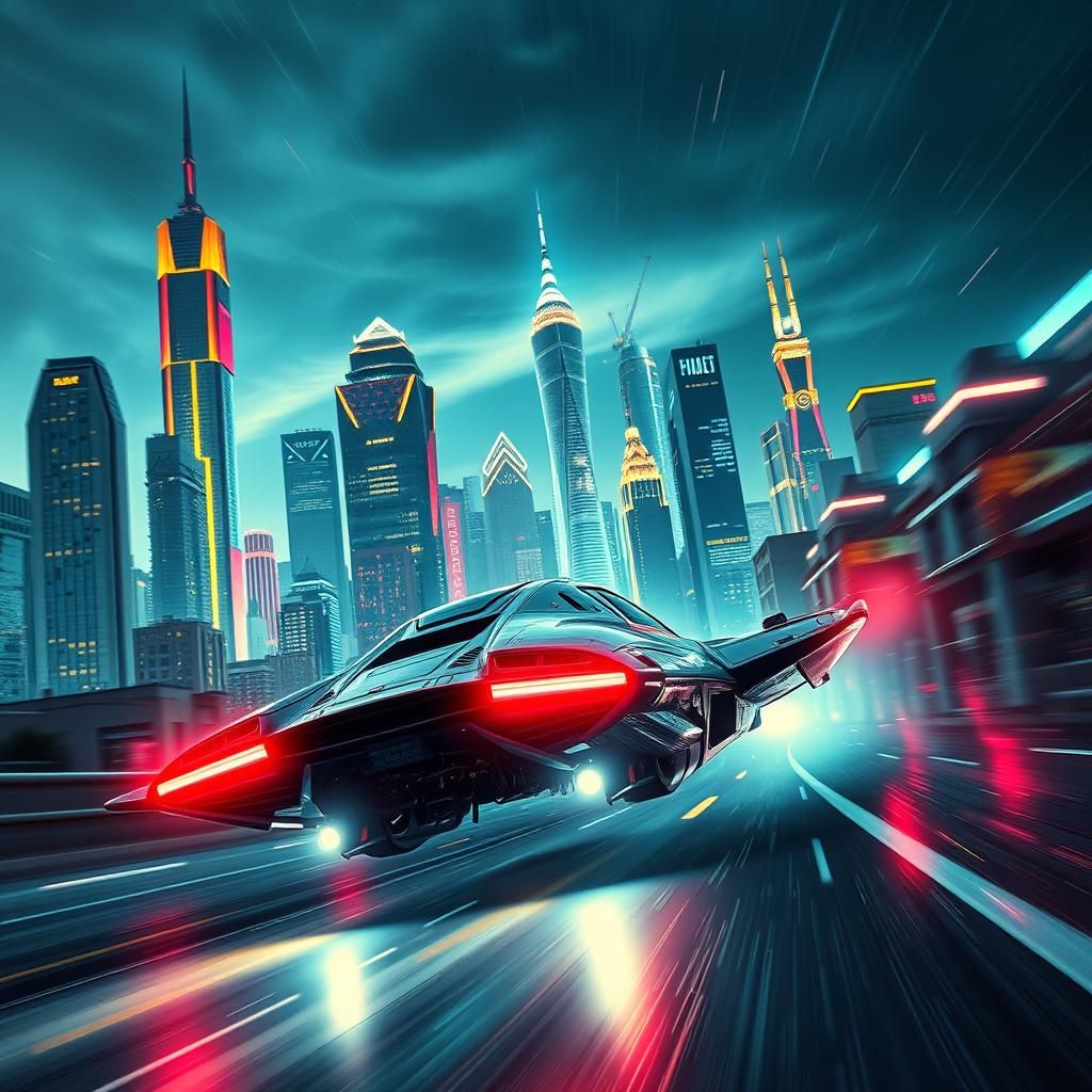 Sci-Fi Flying Car in a Synthwave Cityscape