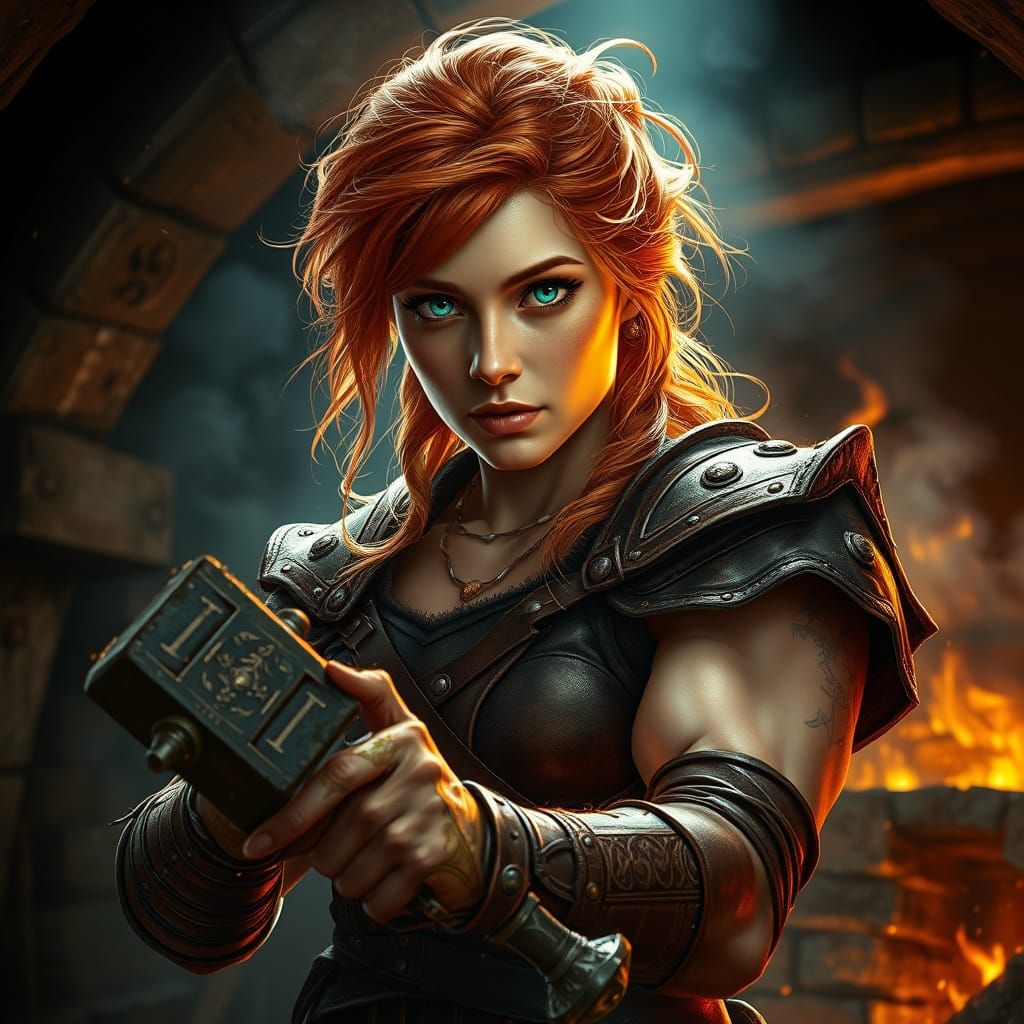 Fiery Blacksmith Goddess in Hyperrealistic Style