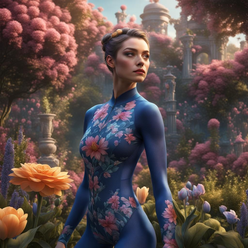 Woman in Spandex Unitard in Floral Garden