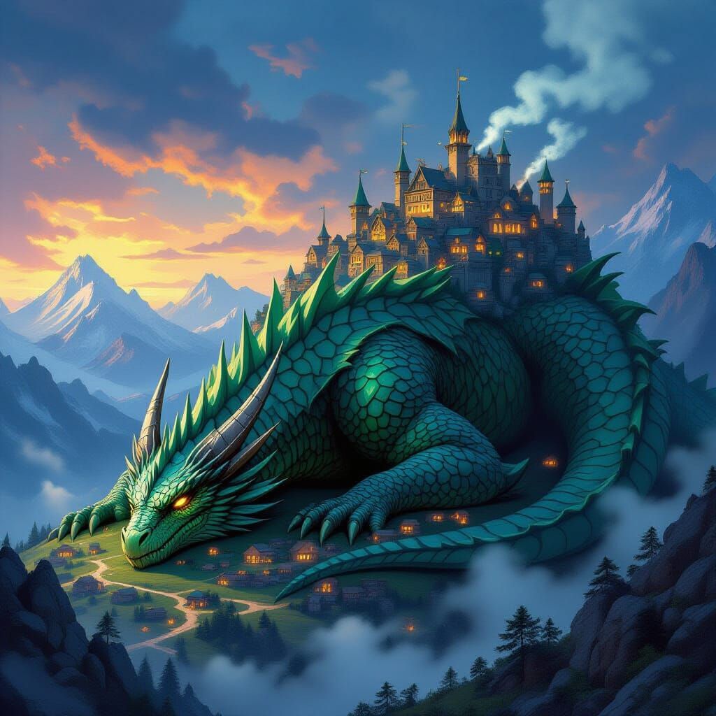Giant Sleeping Dragon Supports Villages On Its Back