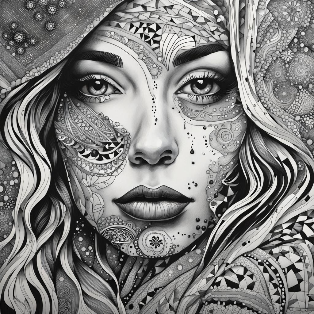 Elegant Zentangle: Line Art Woman in Gouache