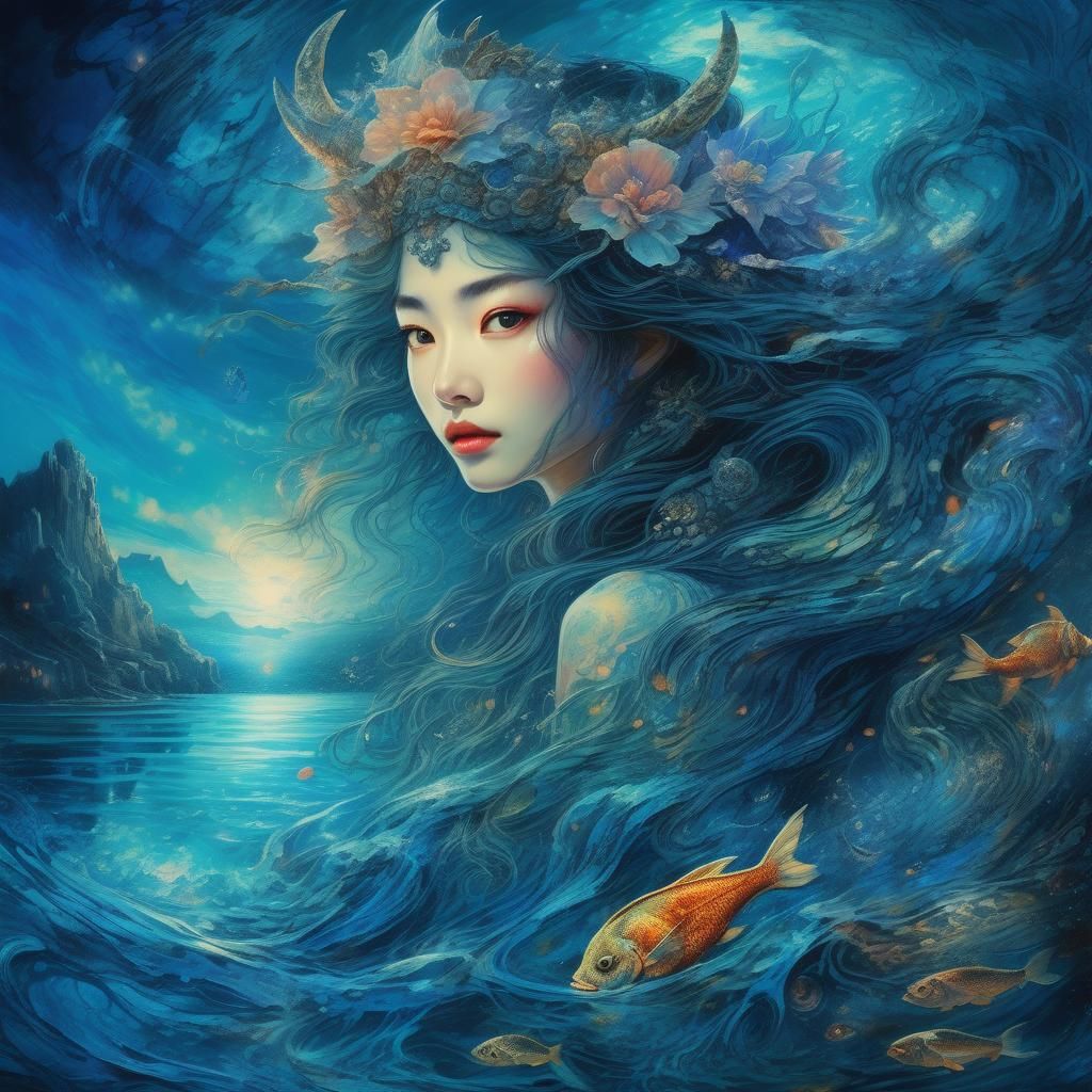 Sea Maiden and Blue Lake Demon in Fantasy Art Style