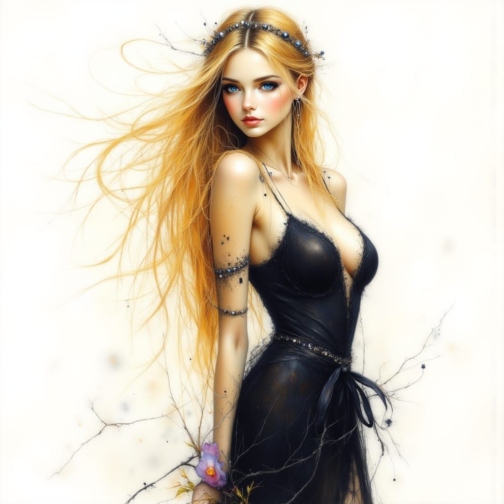 Bohemian Maiden in Jeweled Gown, Ink Drawing Style