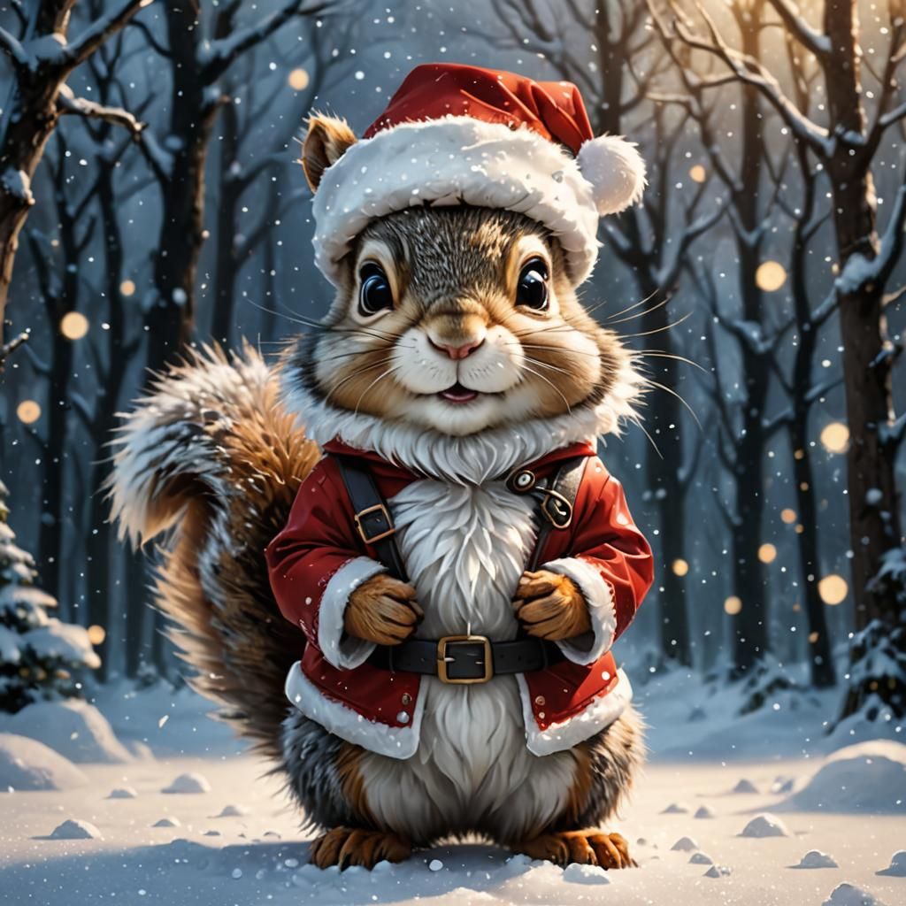 Surreal Christmas Squirrel Santa Claus in Whimsical Chibi St...