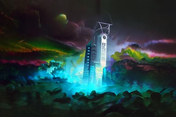 Futuristic Clocktower on Neon Planet: Digital Illustration