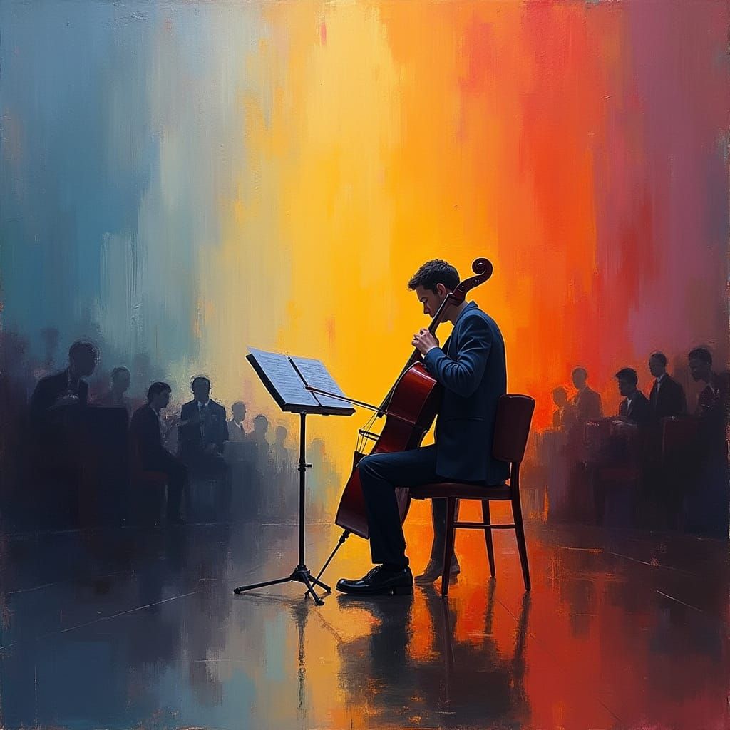 Cellist in Abstract Concert Hall as Rothko-Inspired Painting