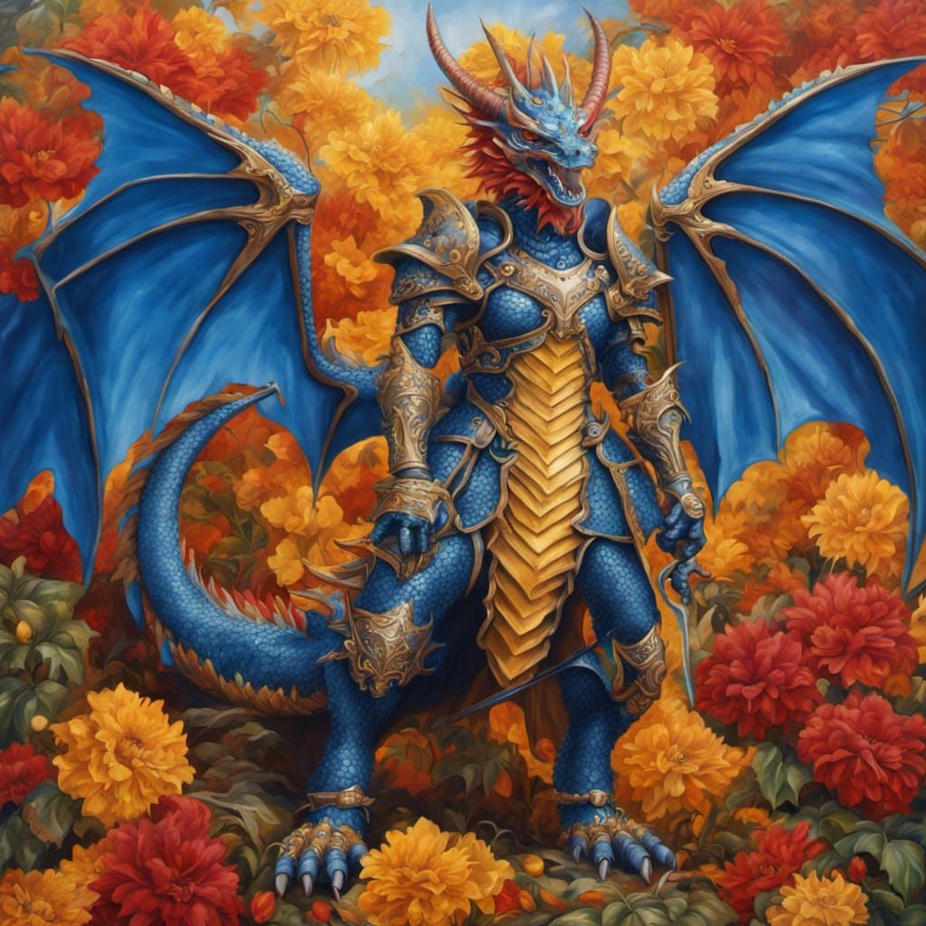 Vibrant Flowerpunk Dragon Warrior in Autumn Bloom