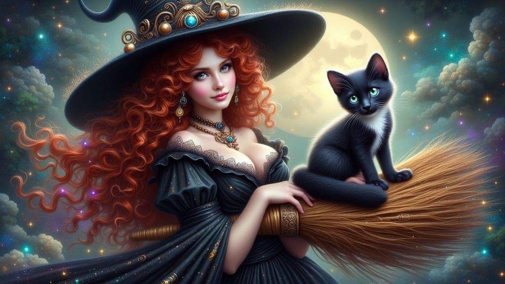 Fiery Red-Haired Witch Stands Beside Majestic Broom in Whims...