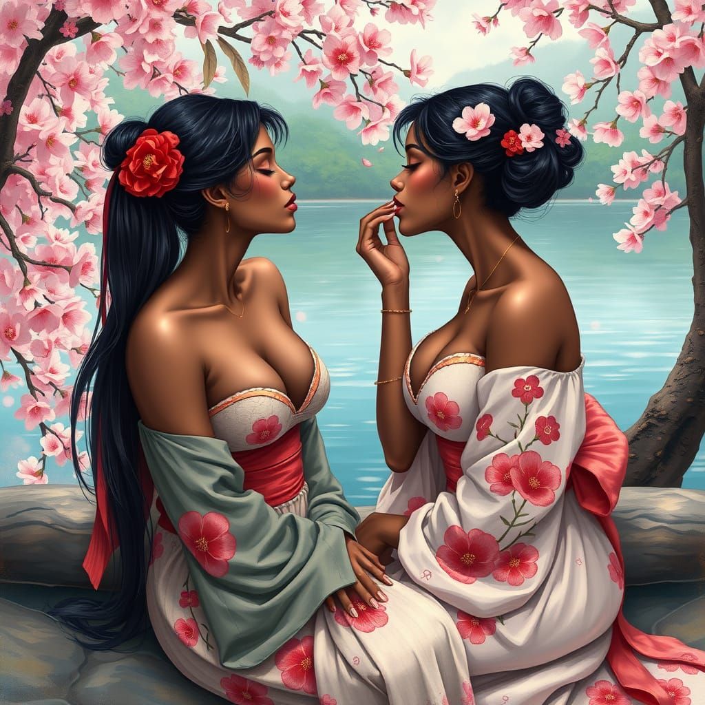 Surreal Pastel Portrait of Twin African-Japanese Enchantress...