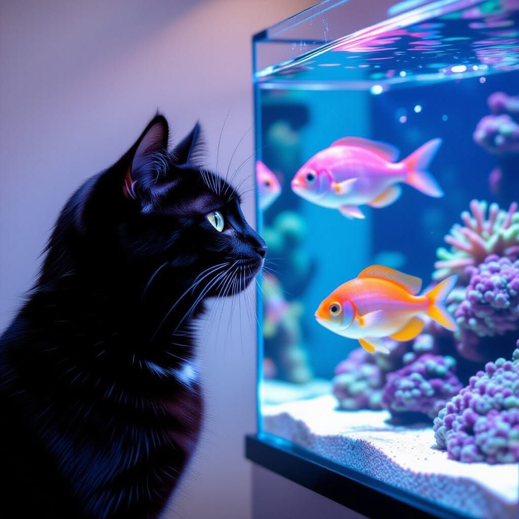 Cat Watching Colorful Fish in Vaporwave Style