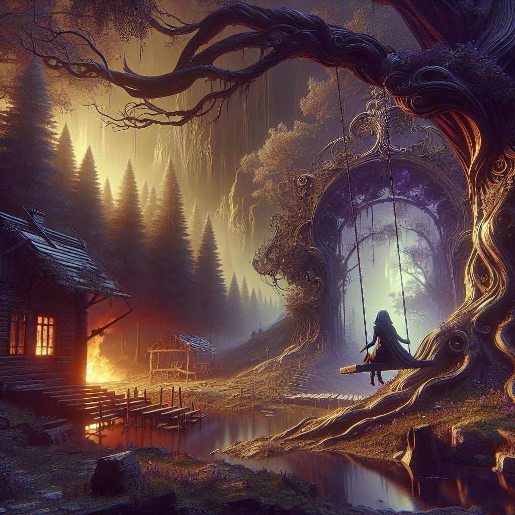 Dryad on a Swing: Dark Fantasy Art Nouveau