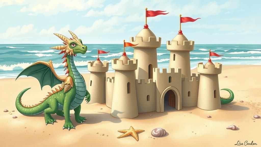 Dragons Guarding Sandcastles in Whimsical Style