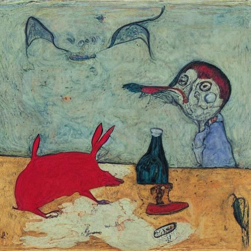 Unpleasant Rabbit Drinking, in Style of Schiele and Rothko
