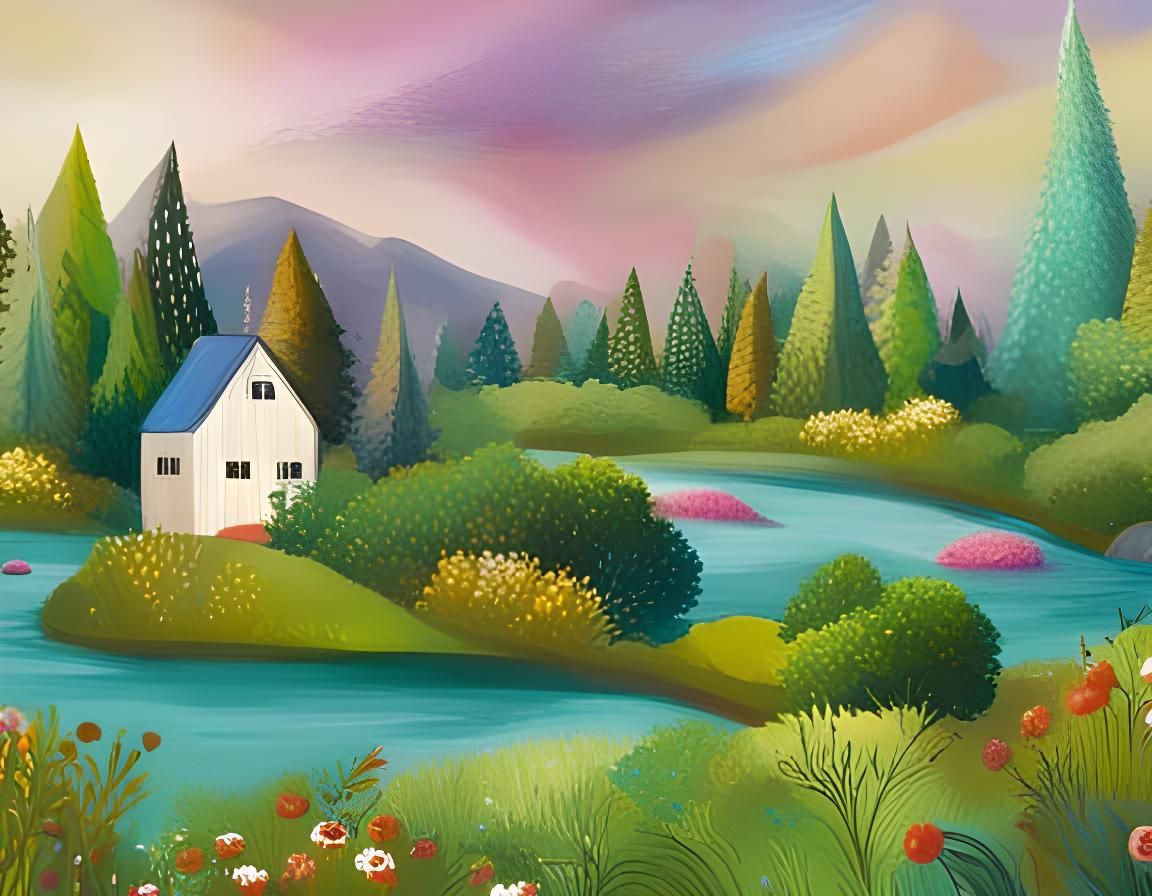Magical Landscape in Watercolor Art Print Style