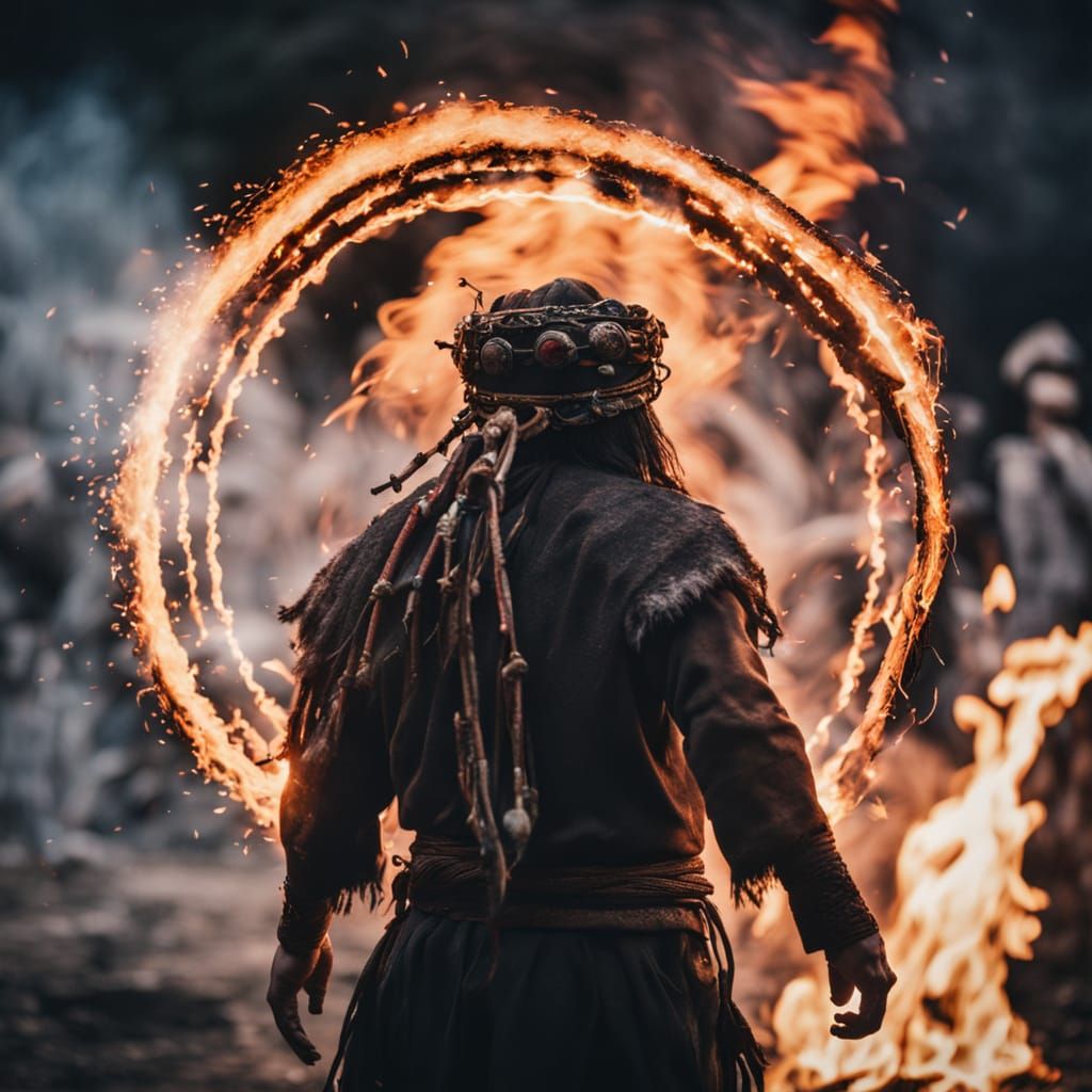 Surreal Shaman Dance with Tambourine around Blazing Fire
