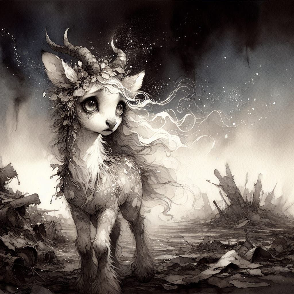 Centaur Fawn Lost in Fantasy Battlefield Ink Painting