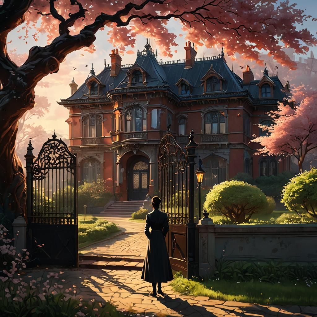 Victorian Mansion Silhouette in Digital Painting Style