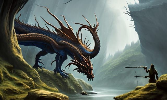 Navy Dragon in Forest Cave, Dark Fantasy Art