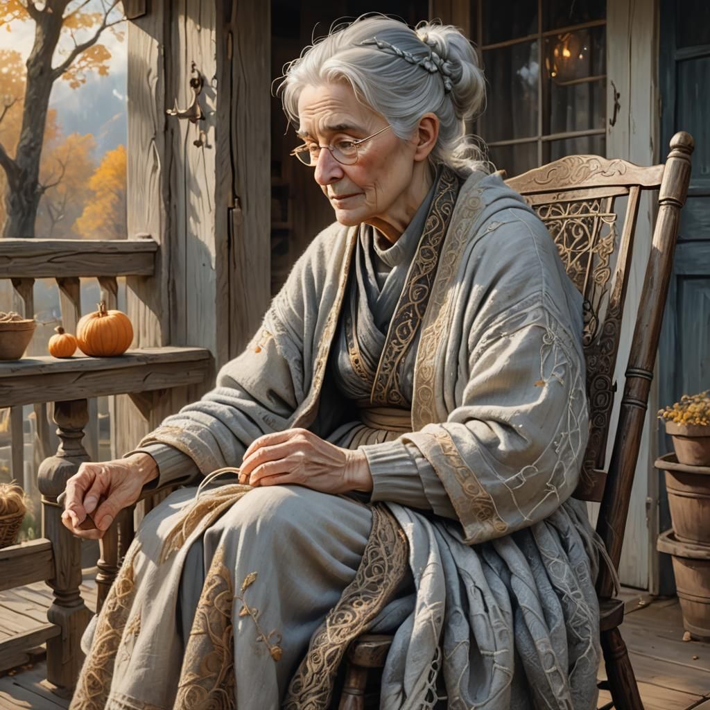 Elderly Woman Knitting Prophetic Visions: Surrealist Concept...