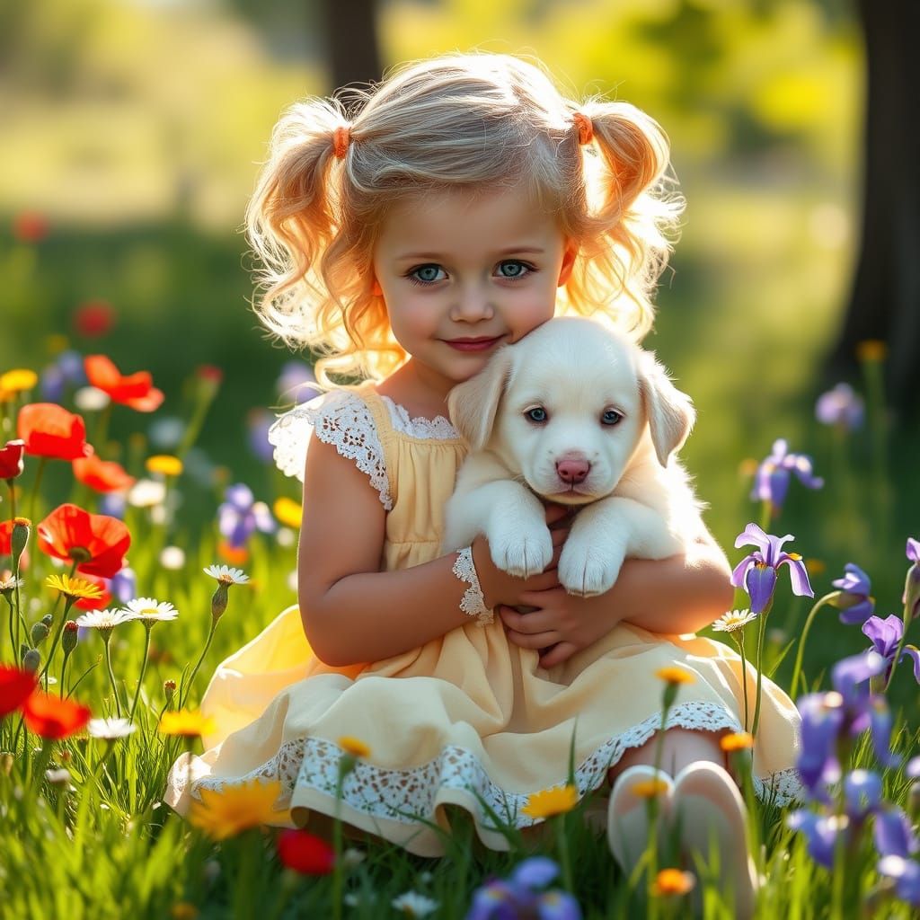 Little Girl in Sunlit Meadow with Fluffy White Puppy