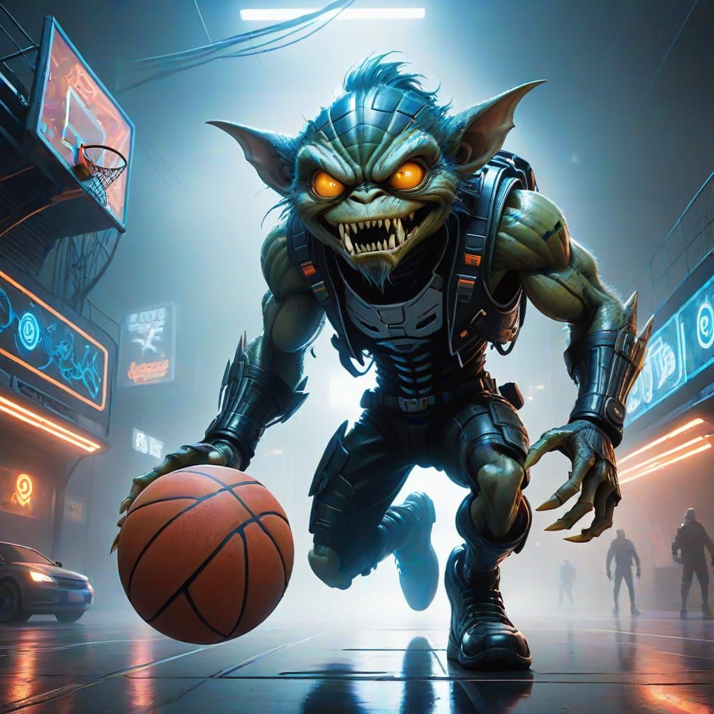 Mechanized Gremlin Dunk Master in Futuristic Urban Jungle