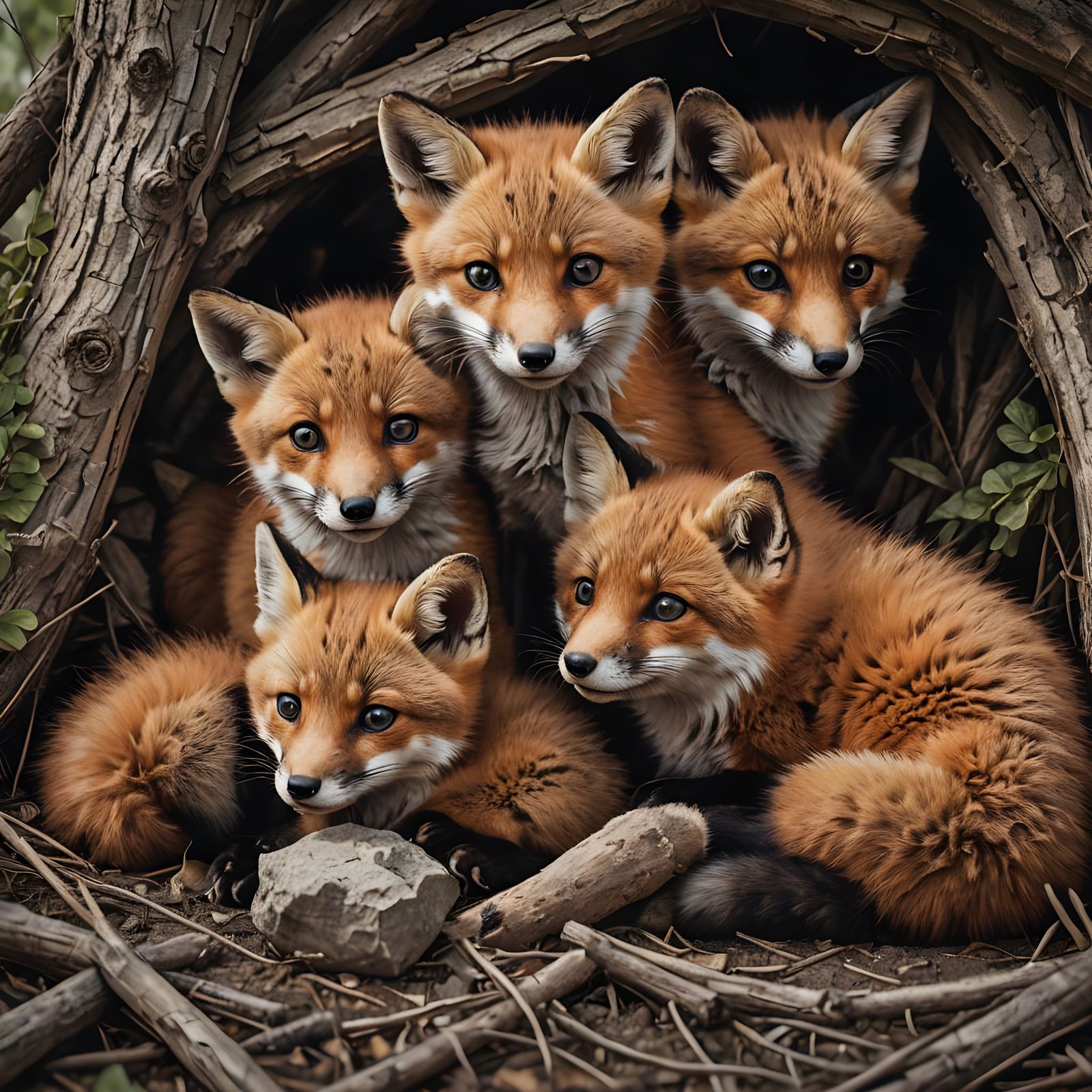 Playful Fox Kits Tumble in Cozy Den Scene