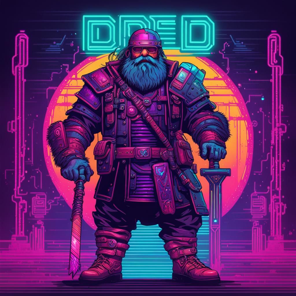 Cyberpunk Dwarf Warrior in Synthwave Neon Style