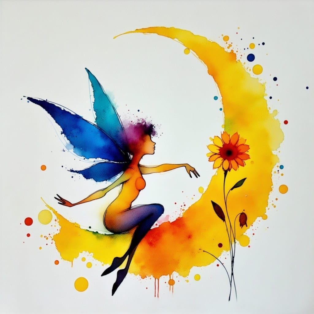 Whimsical Pixie on Crescent Moon in Vibrant Colors and Charc...
