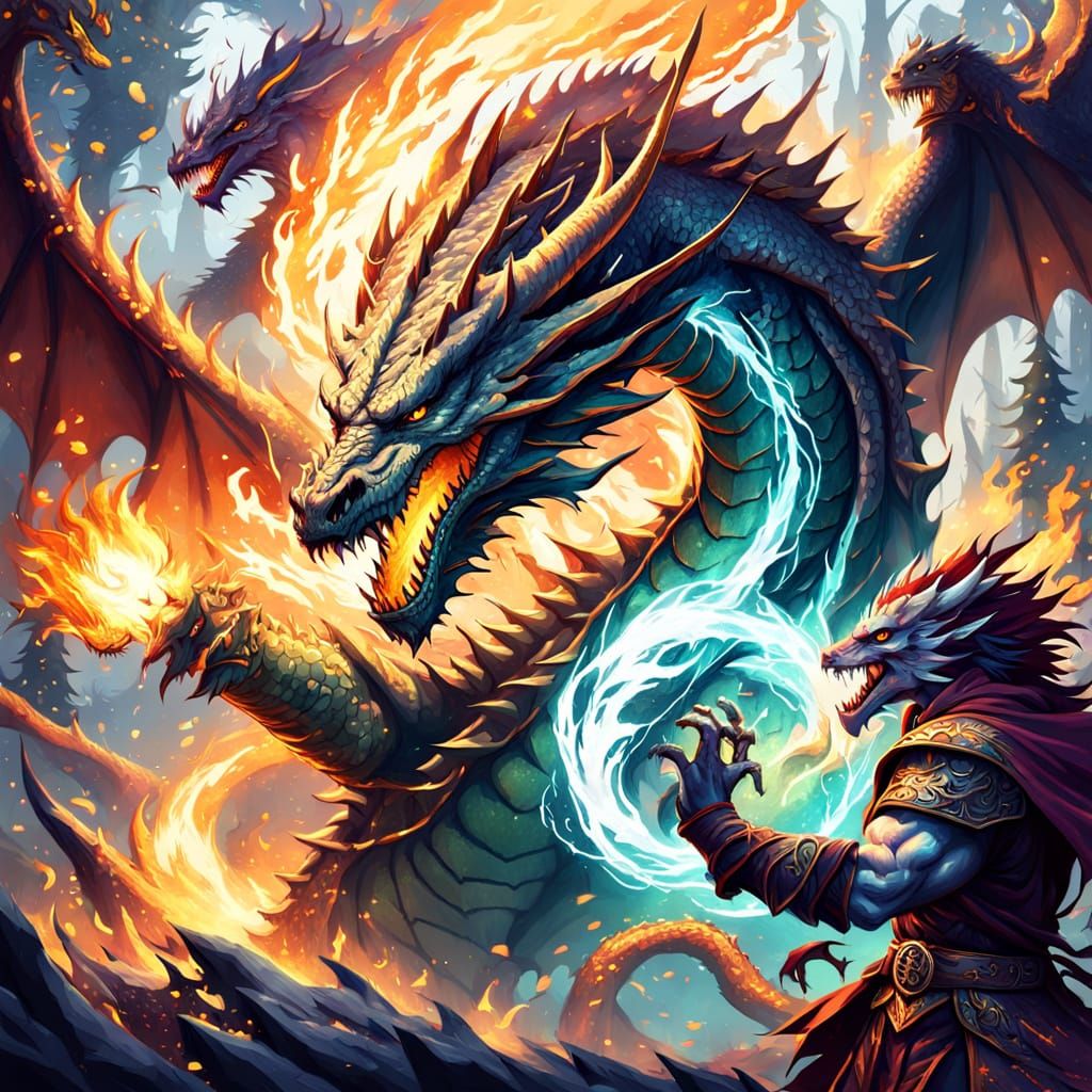 Epic Dragon and Mage Battle in Digital Painting