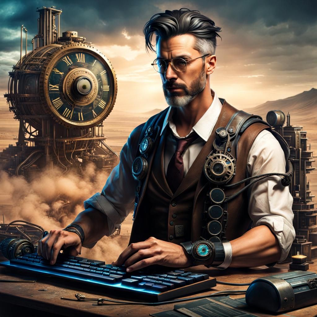 Cyberpunk Professor Works on Time Machine in Wasteland