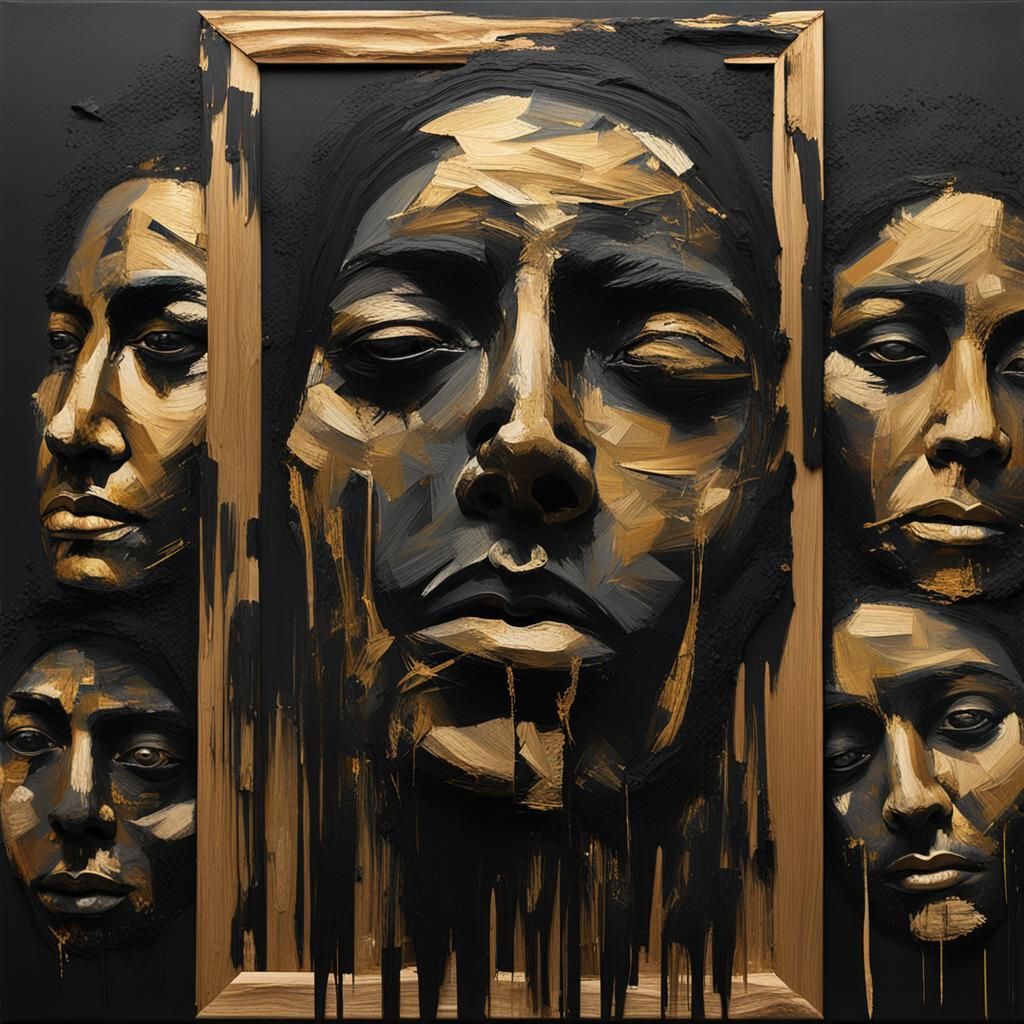 Recursive Black and Gold Faces Painting