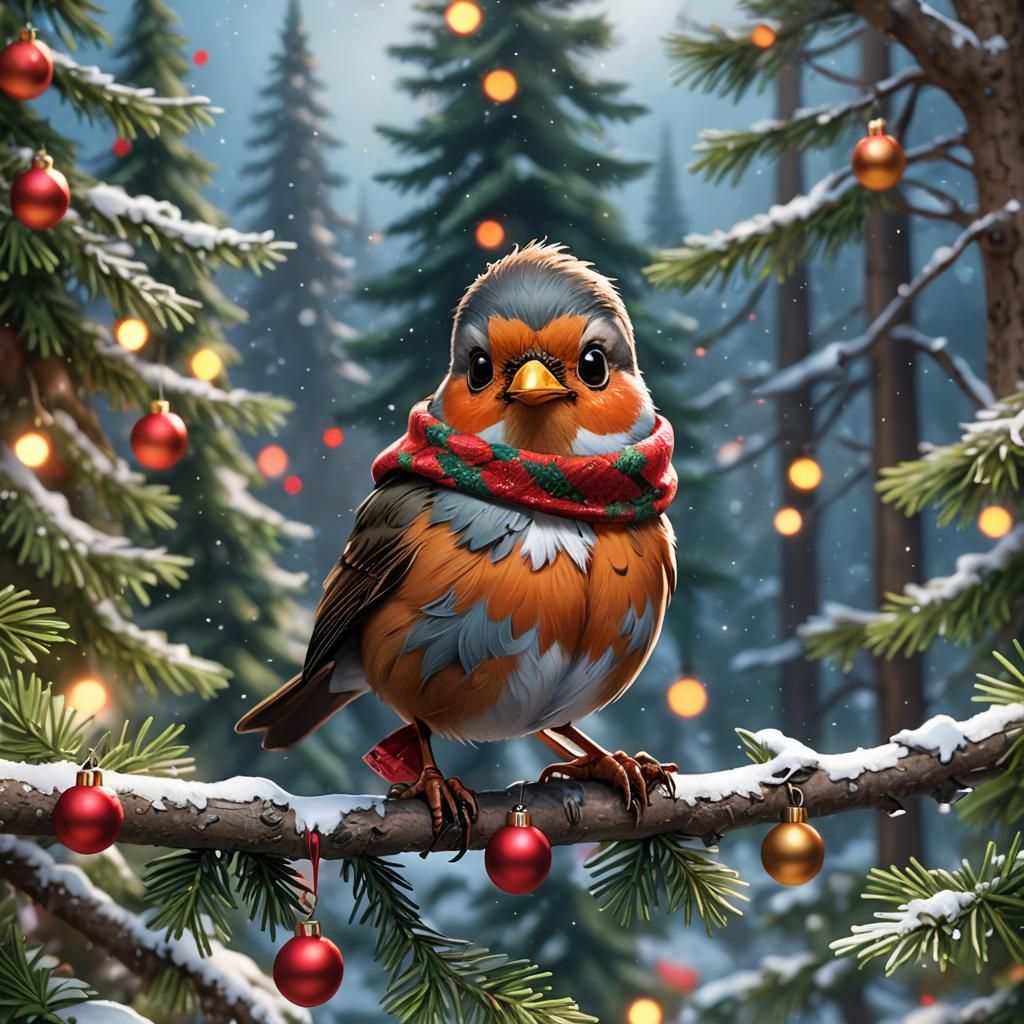 Festive Chibi Robin in Winter Scene
