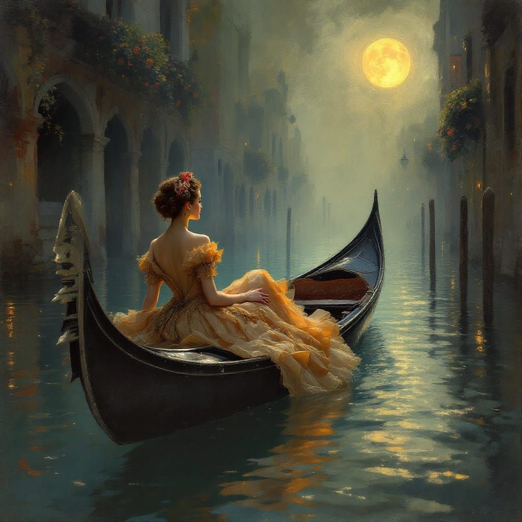 Romantic Venice Nighttime Gondola Scene in Impressionist Sty...